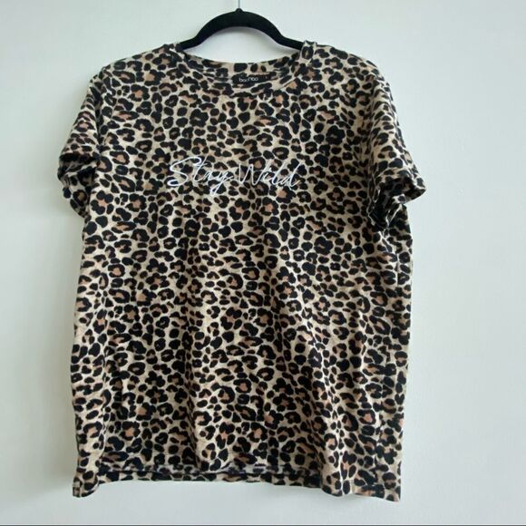Boohoo Leopard Stay Wild Embroidered Crew Neck T-shirt Size Large - Picture 1 of 11